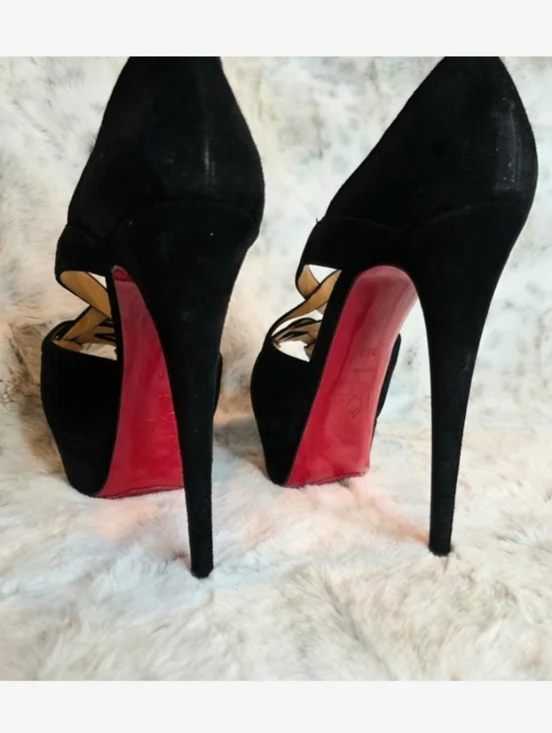 Christian Louboutin Black Suede Strappy Peep-Toe Platform Heels EU 38.5 / US 8 - Picture 6 of 11